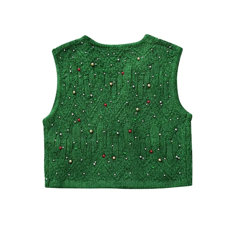 KEYANKETIAN New Launch Women\'s Colored Artificial Pearl Decorated Knitted Waistcoat Vest Festive Air Sweater Crop Top Green