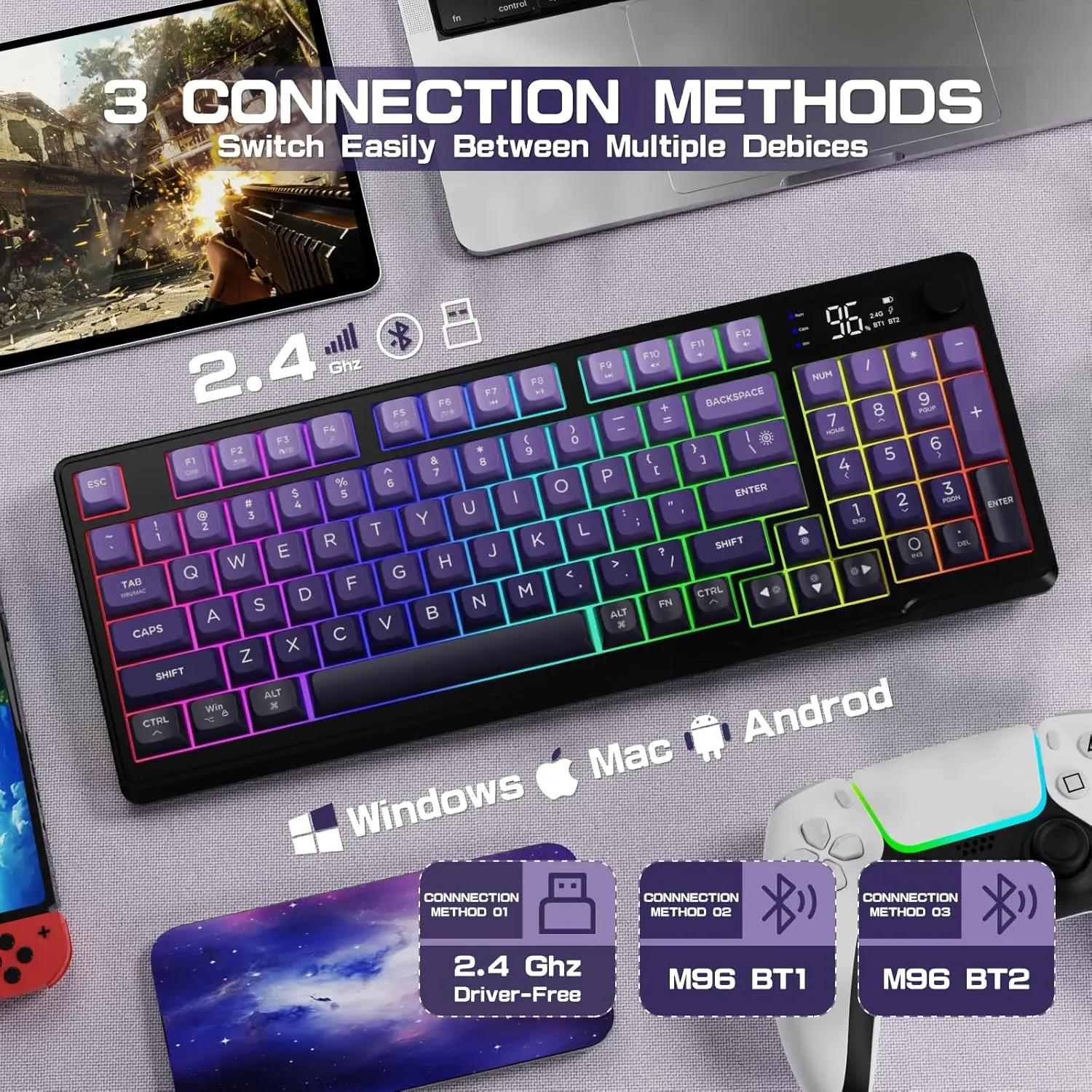 ZIYOU LANG M96 Wireless Gaming Silent Membrane Keyboard,Display Screen & Knob with Multimedia Keys Dual Mode Bluetooth/2.4Ghz,Ra