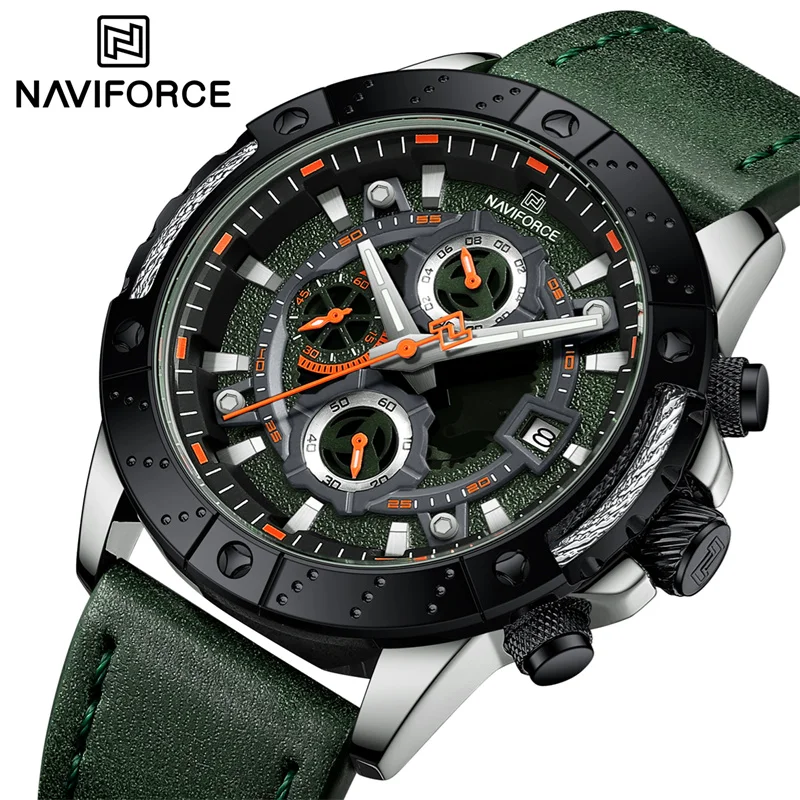 NAVIFORCE Brand Men\'s Sports Watch Leather Strap Military Quartz Wristwatch Waterproof Chronograph Male Clock Relogio Masculino