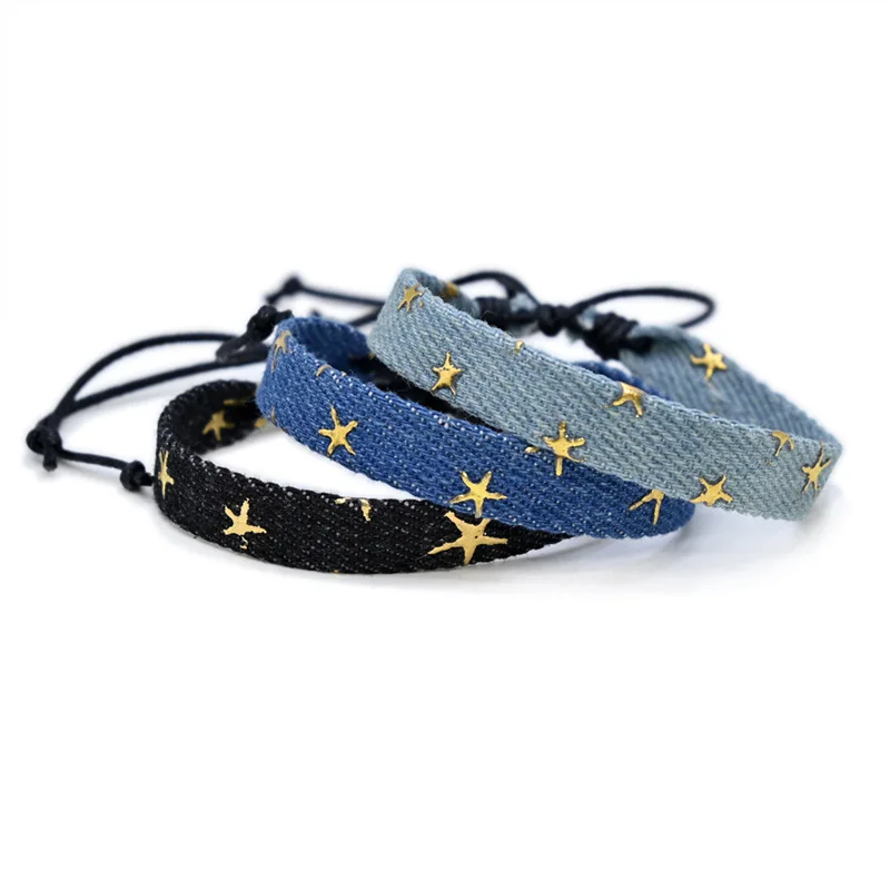 Vintage Star Pattern Blue Literary Denim Fabric Bracelet For Women Men Gothic Ethnic Handwoven Wrist Strap Fashion Jewelry Gift