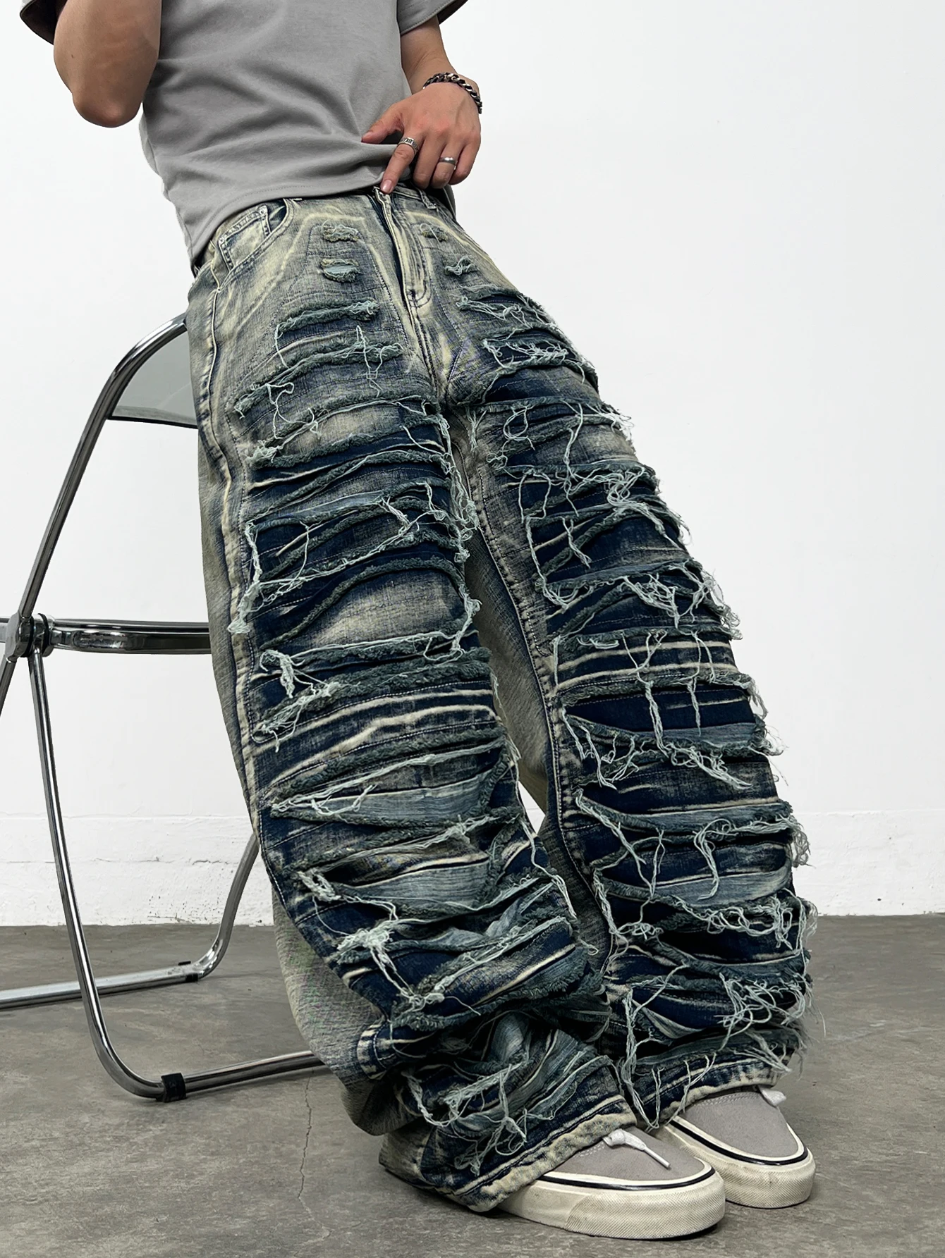 American Vintage Distressed Washed Double-Layer Patch Ripped Frayed Baggy Jeans  Men Y2K Trendy Street Hip-Hop Punk Style Pants