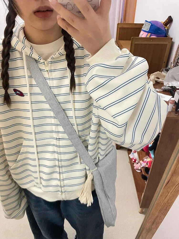 

American vintage Idle Sle Loose Stripe Cardigan Hoodie Women Chic Hong Kong Sle Casual Long sleeve Outerwear Spring and A...