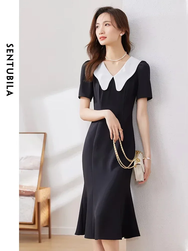 

SENTUBILA Elegant Black Trumpet Dress Lady 2025 Summer V Neck Fashion Midi Mermaid Gentle Temperament Dresses Women 142L54180X