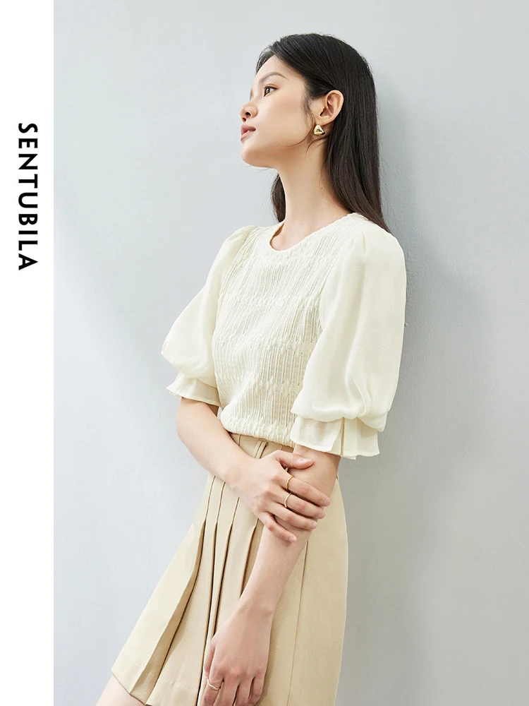 SENTUBILA Apricot Simple Round Neck Lantern Sleeve Lace Top 2024 Summer New Spliced Short Sleeve T-shirt Pullovers 142S53828