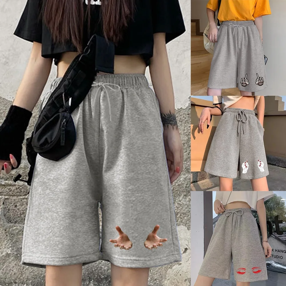 Damen Harajuku Shorts Straße frauen Lose Beiläufige Elastische Band Shorts Gedruckt Serie Student Mode Grau Cropped Hosen