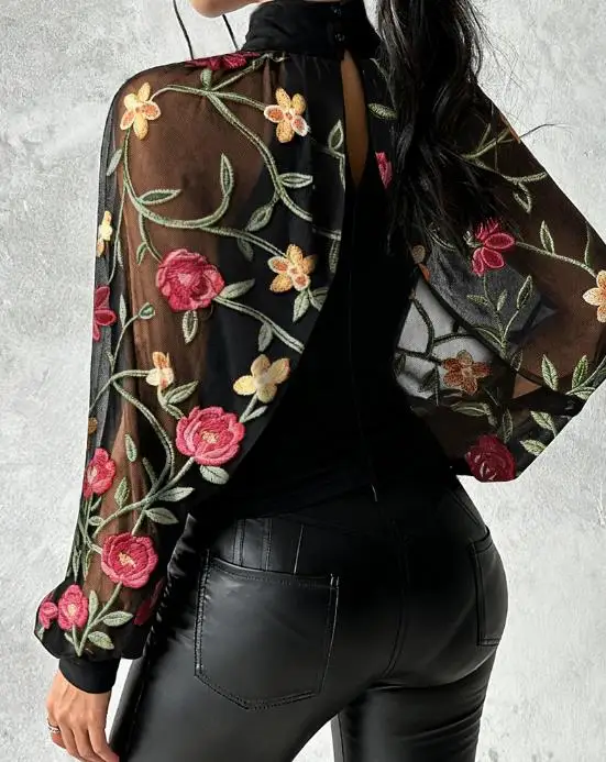 

Woman Blouse New Mock Neck Floral Embroidery Cape-Style Mesh Lantern Sleeve Spliced Blouse Ruched Hollow-Out Back Slim Fit Top