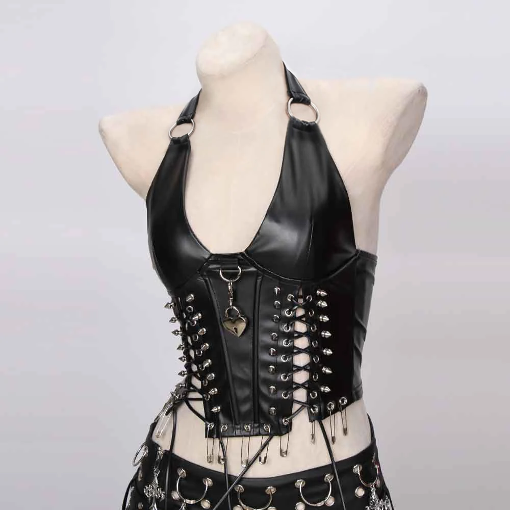 Goth Tops Rave Spikes Punk Rock Clothes Emo Clothing ALT Gothic Tank Grunge PU leather Black Festival Y2K T-shirt Vkei
