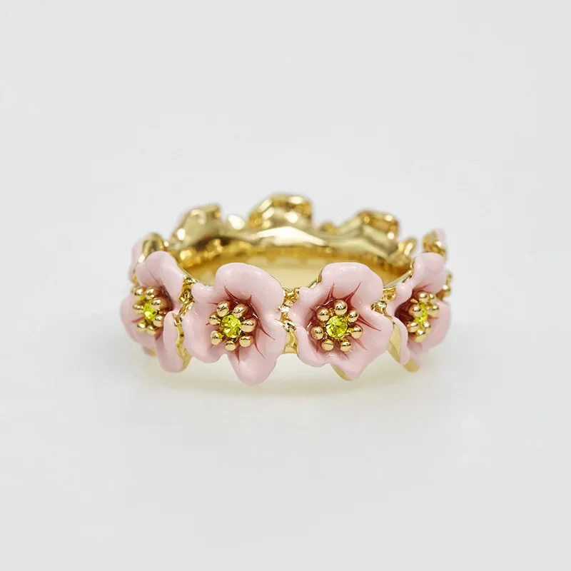 

European and American Trends Wholesale Enamel Glaze Pink Flowers Sweet Fashion Garland Ring.