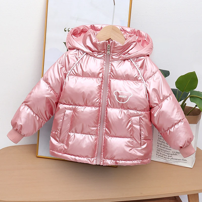 Winter New Boys Girls Thick Jacket Cartoon Bear Glossy Antifouling Lining Plus Velvet Keep Warm Hooded Snowsuit For 2-6 Years