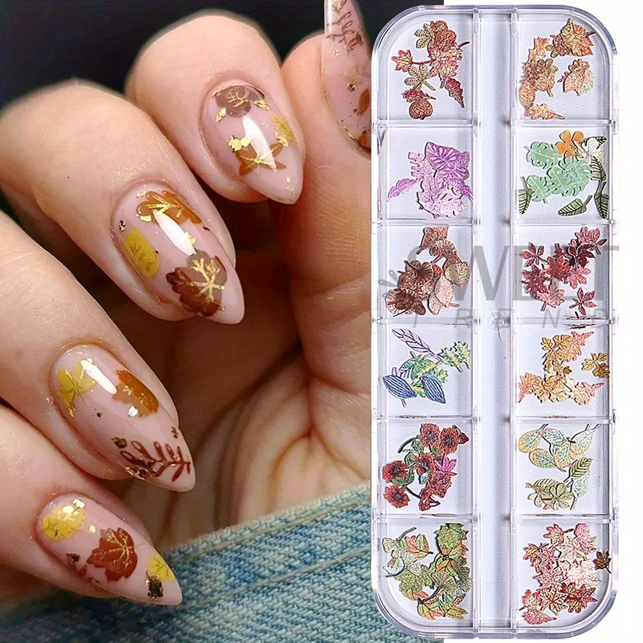 12 Grids Autumn Faux Maple Leaves Nail Sequins Set Simulated Fall Leaf Flakes Design Decor DIY Charm Manicure Accessories Slices