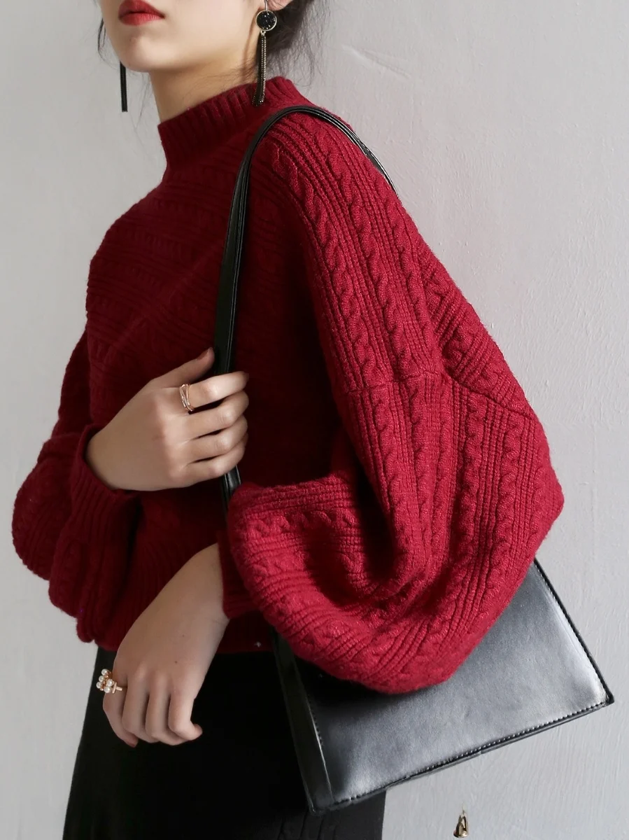 

Warmo2025 осень-зима новый Sle однотонный вязаный свитер женский фонарь Sve f пуловер с высоким воротником Thiened Top