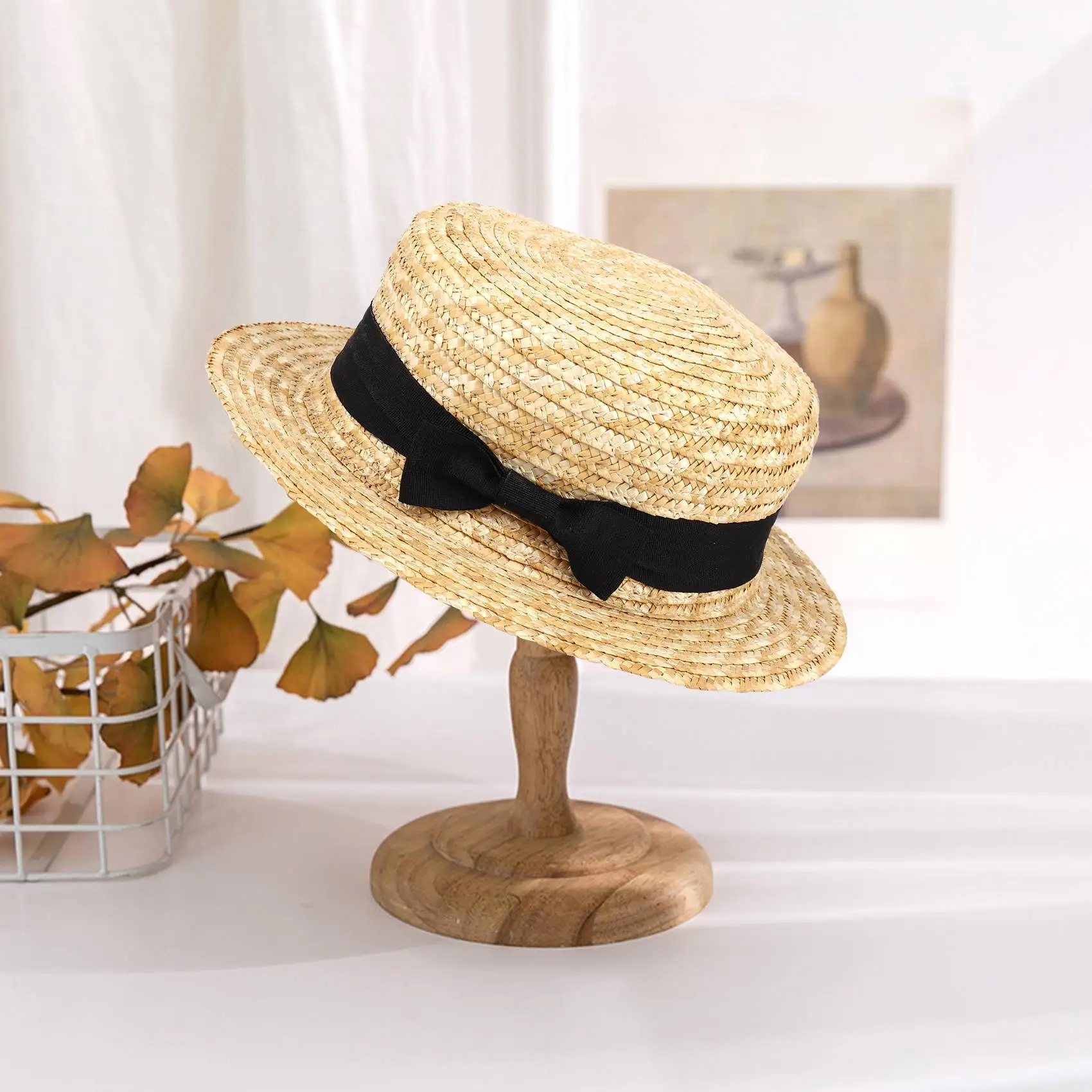 Cute Child Girls Straw Hat Bowknot Sun Hat Kids Large Brim Beach Summer Boater Beach Ribbon Round Flat Top Fedora Hat