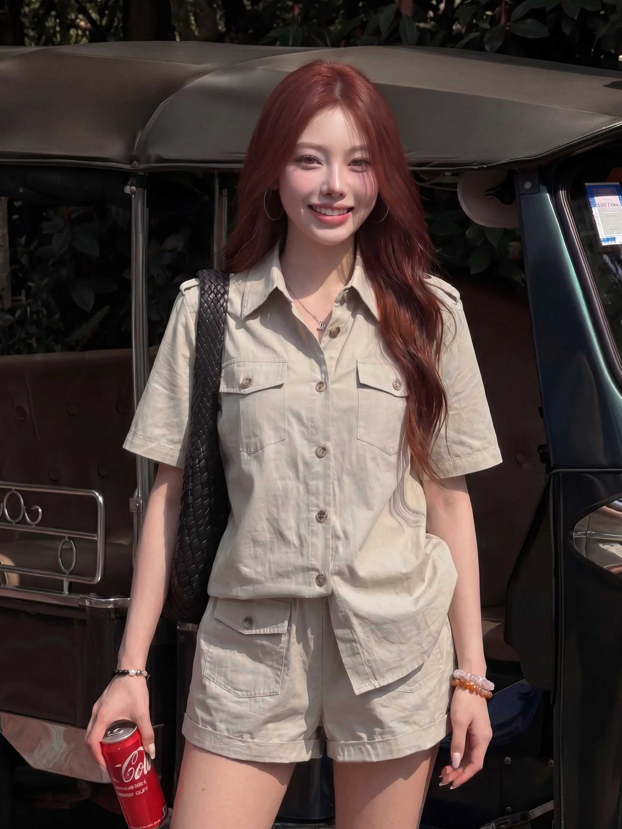 

American Retro Khaki Work Shirt Women Summer Style Collar Short Sleeve Loose Slim Multi Pocket Casual Top Fashion Set