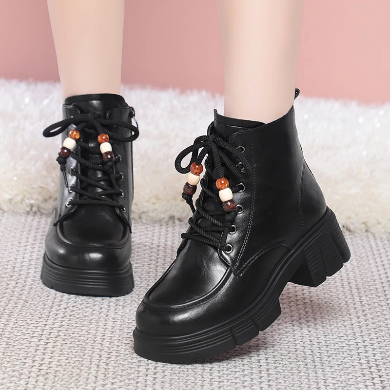 

5cm Comfortable Beads Thick Bottom Platform Shoes Winter Ankle Boots 2025 Square Heels Soft Leather Fur Boots Office Mom Work