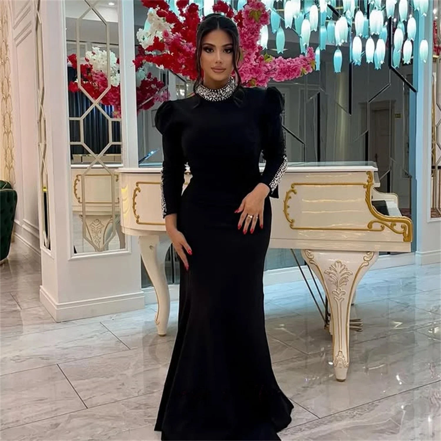 

Black Long Sleeves Bespoke Occasion Gown Evening Dresses Pastrol Unisex Jersey Retro Dubai Saudi Arabic Israel Prom Customized