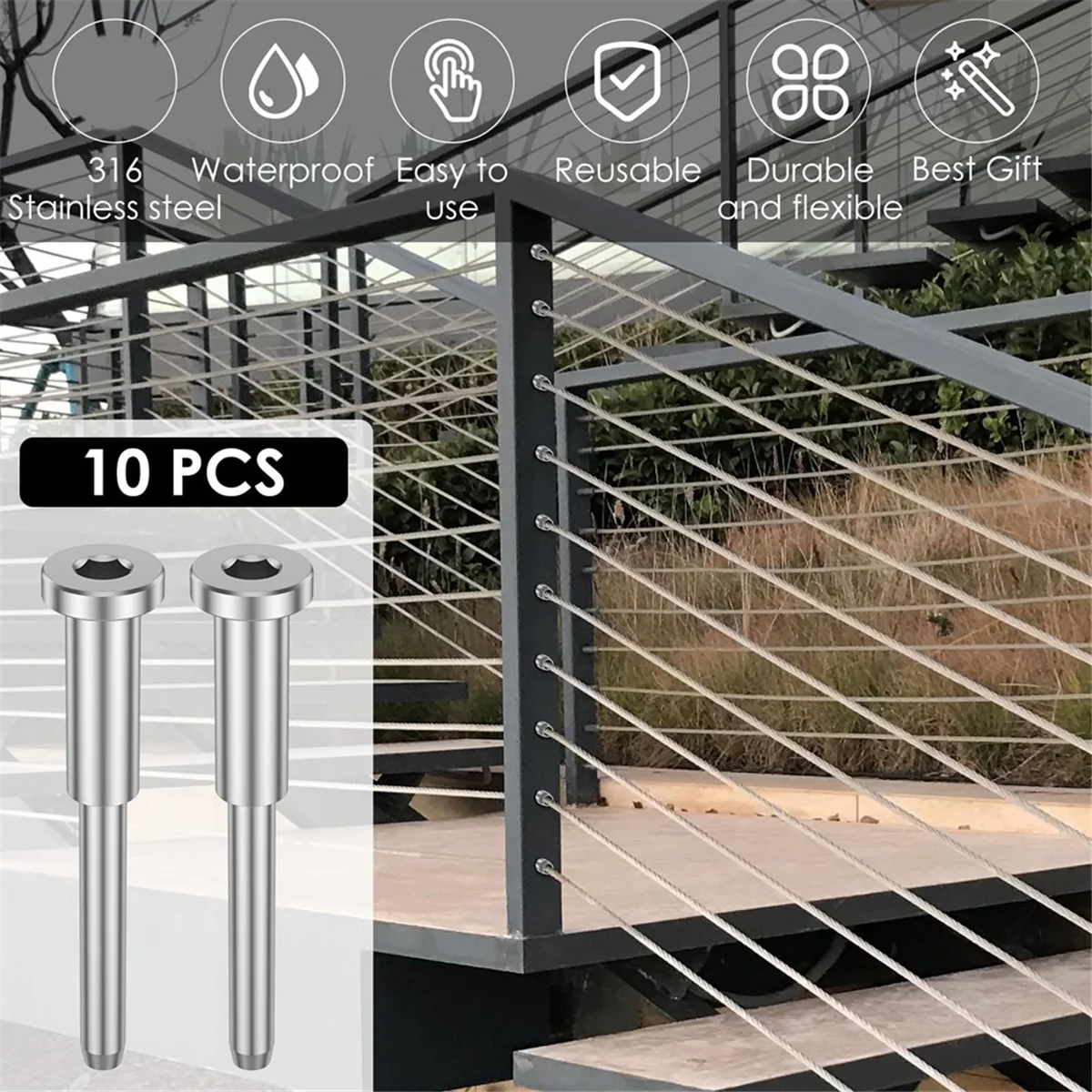 N10R 10 Uds Kit de barandilla de Cable Invisible, extremo de perno Swage para barandilla de Cable, sistema de barandilla de Cable tensor de Swage para madera