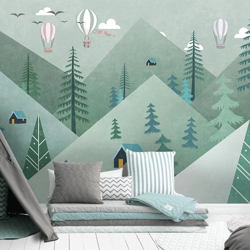 papel-de-parede-personalizado-com-foto-3d-desenho-animado-geometrico-montanha-floresta-balao-mural-quarto-infantil-arvore-verde-quarto-de-jardim-de-infancia