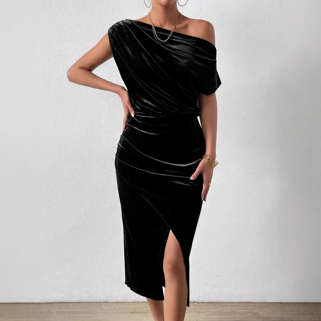 Abito Midi Estivo da Donna 2026 con Spalle Scoperte - Elegante Vestito Monocolore per Feste, Club e Uso Quotidiano/Casual