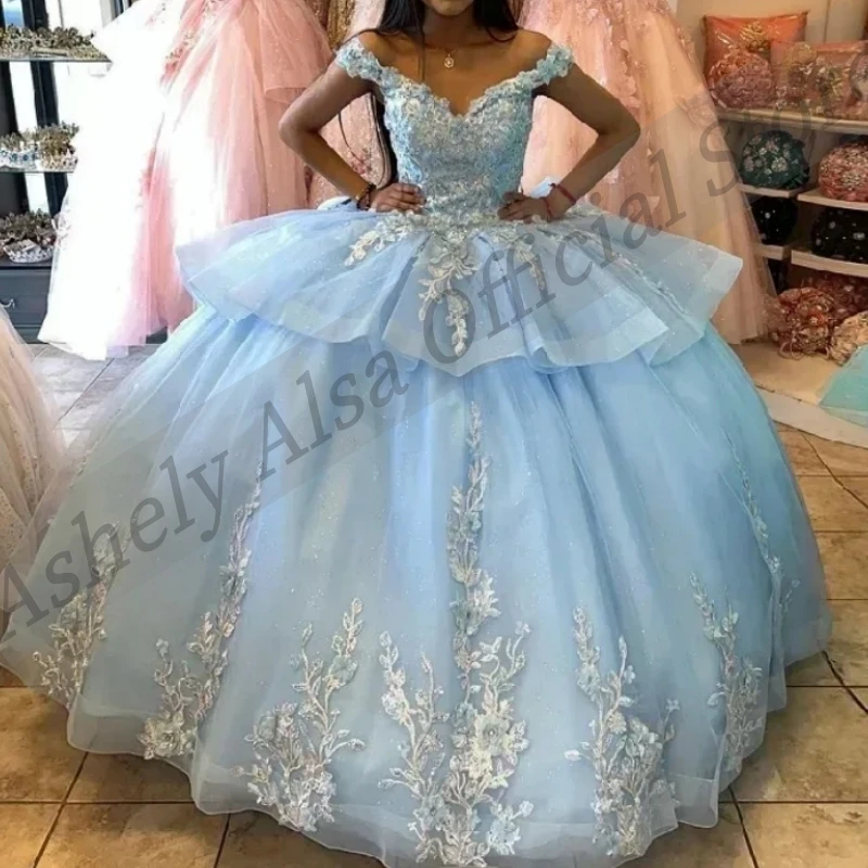 Роскошные небесно-голубые платья Quinceanera по индивидуальному заказу для девочек 15-16 лет, пышная юбка с цветочной аппликацией, платье для выпускного вечера, новинка