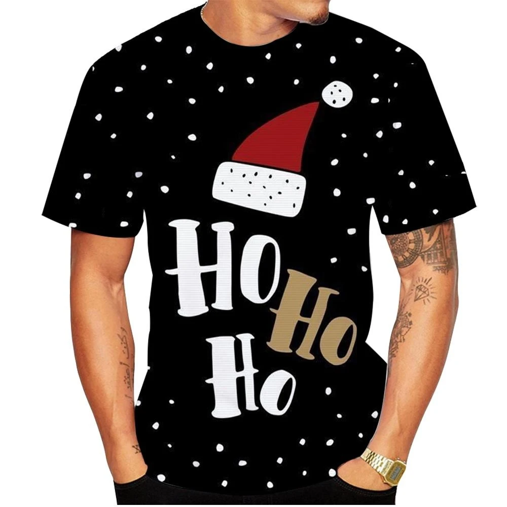 Homens e Mulheres Oversized Camisa de Natal, gola redonda, Tops de Manga Curta, 3D Elemento X\'mas Impressão de Moda