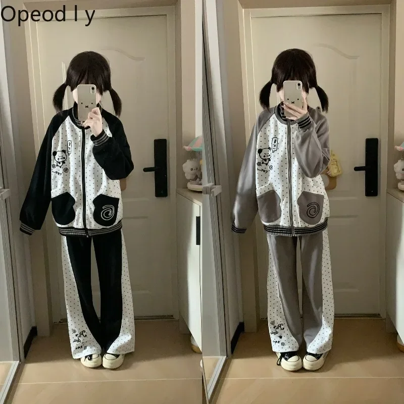 Autumn Japanese Fashion Two-color Polka Dot Embroidered Panda Stand-up Collar Long-sleeved Jacket Trousers Student Casual Suit