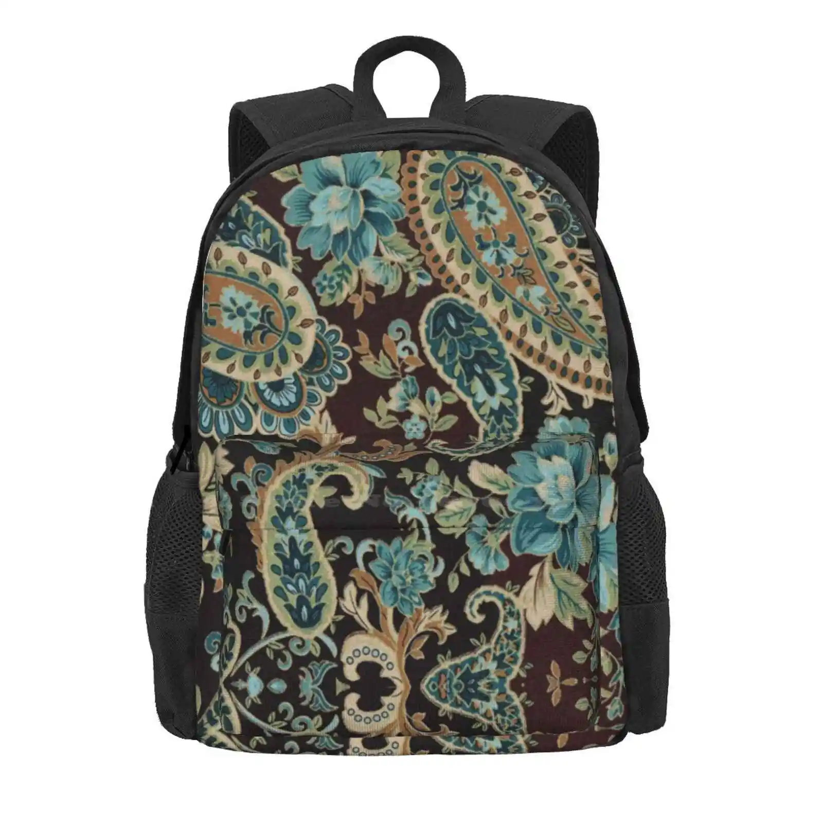 Brown Turquoise Paisley Hot Sale Schoolbag Backpack Fashion Bags Baroque Floral Damask Ornament Pattern Textile Aristocrat