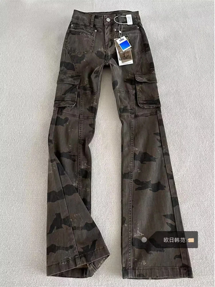 

WCFCX STUDIO Vintage Camouflage Jeans Women Side Pockets Loose Hip Hop Cargo Jeans Streetwear Slim Denim Pants 2025 Summer New
