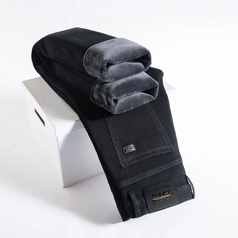 

2024 Winter Fleece Thick Warm Jeans Men's Slim Straight Elastic Denim Pants Casual Fashion Trousers Male Pure Black Men Clothes