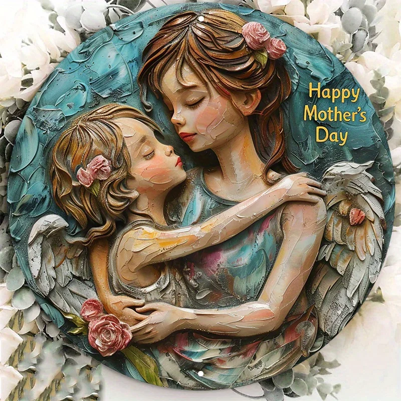 

Happy Mother's Day Angel Embrace Aluminum Metal Wall Art Set, Weatherproof HD Print, Textured, Ideal Gift for Mom