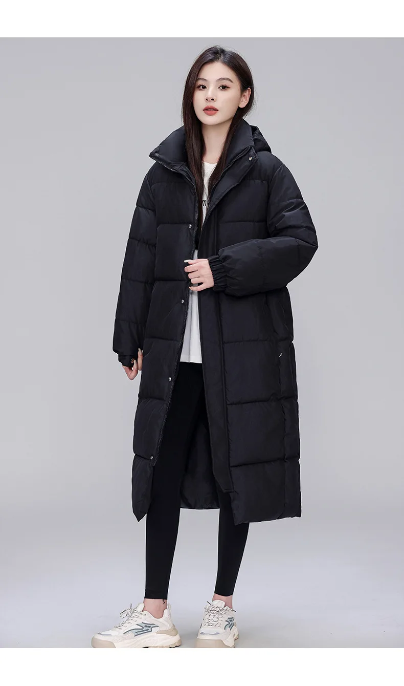Winter Long Puffer Coat for Women Hooded Quilted Windproof Warm Zip Up Outerwear Russian Cold Weather Snow Jacket Over Knee Cozy