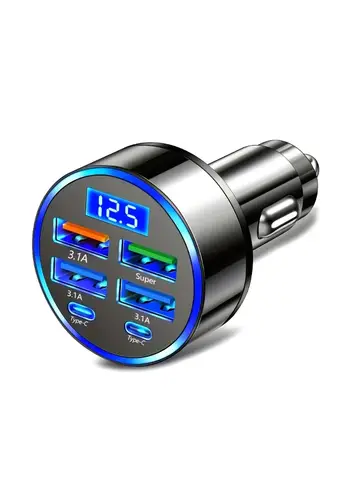 6-in-1 Fast Charging Car Adapter 3.1A Dual Type-C Digital Display Smartphones Tablets Power Banks Black Portable Charger