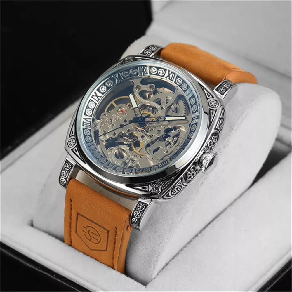 Forsining 403A Watch For Men Skeleton Automatic Mechanical Wrist Watches Brand Luxury 2023 Silver Gold Leather Relogio masculino