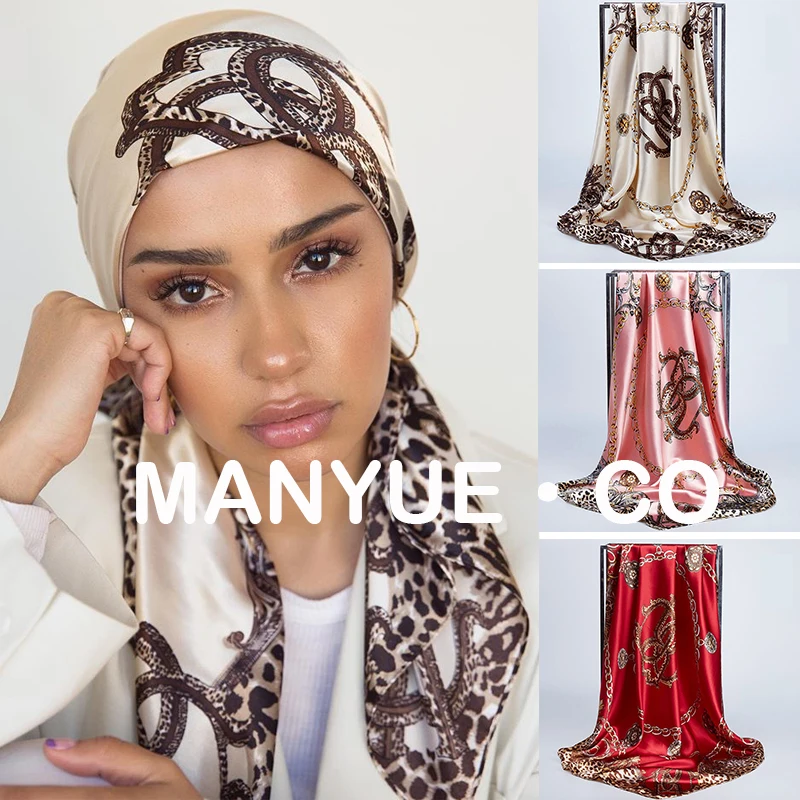 

Luxury Brand Square Silk Scarf Women Satin Print Hijab Scarves Muslim Pareo Bandana Female Shawl Wrap Headband Foulard 90*90cm