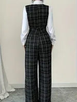 Women High Waist Wide Leg Plaid Tweed Jumpsuit Vest Style Double Breasted Pearl Buttons Pockets Elegant Office Formal Wear - Image 2