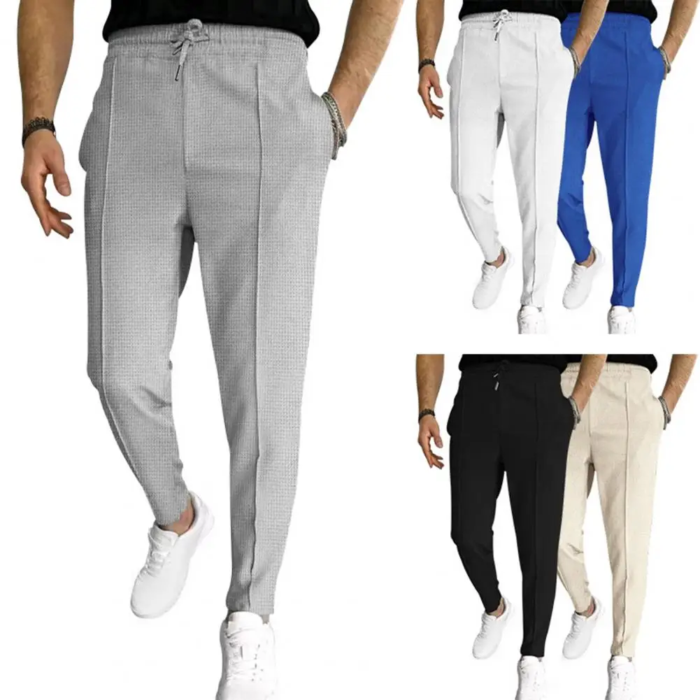 

Men Waffle Pants Men's Slim Fit Drawstring Pants with Elastic Waist Pockets for Business Commute Soft Breathable Ankle Length