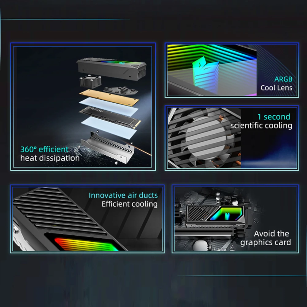 Радиатор SSD M.2 2280 Охладитель радиатора с термосиликоновой прокладкой 5 В 3-контактный ARGB Охладитель твердотельного накопителя Встроенный вентилятор Охладитель SSD