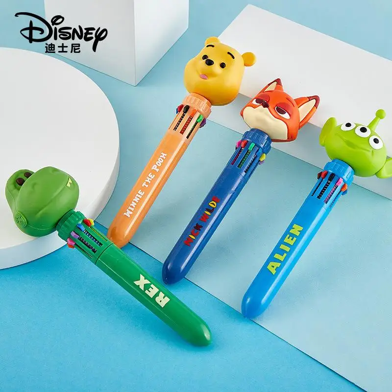 Disney Ten Colors Ballpoint Pen Cartoon Winnie The Pooh Doll Press Pen Cute Student Stationery Kawaii Chip Multicolor Button Pen