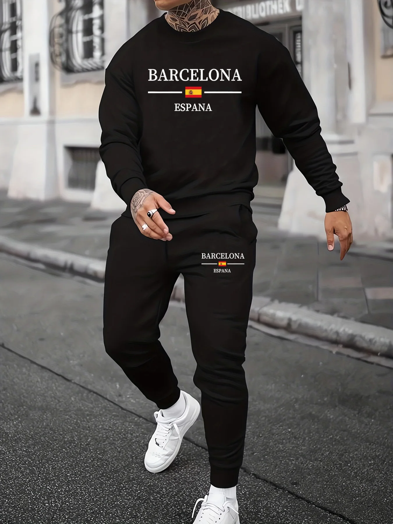 

Men's autumn and winter casual warm Barcelona pattern print loose and thick velvet round neck sweatshirt+sports pants set