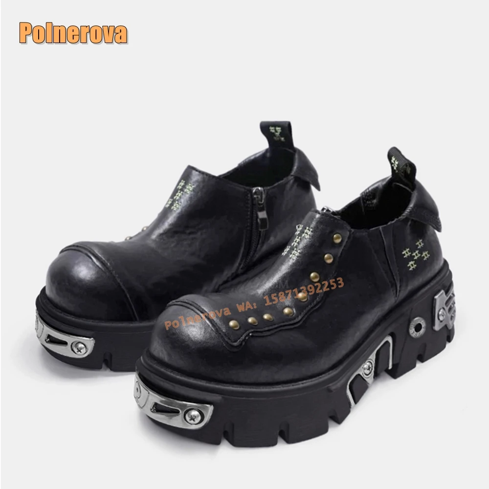 Metal Decoration Rivet Embroidery Loafers Big Toe Tank Sole Slip On Black Casual Women Leather Shoes Punk Retro 2025 Spring Rock