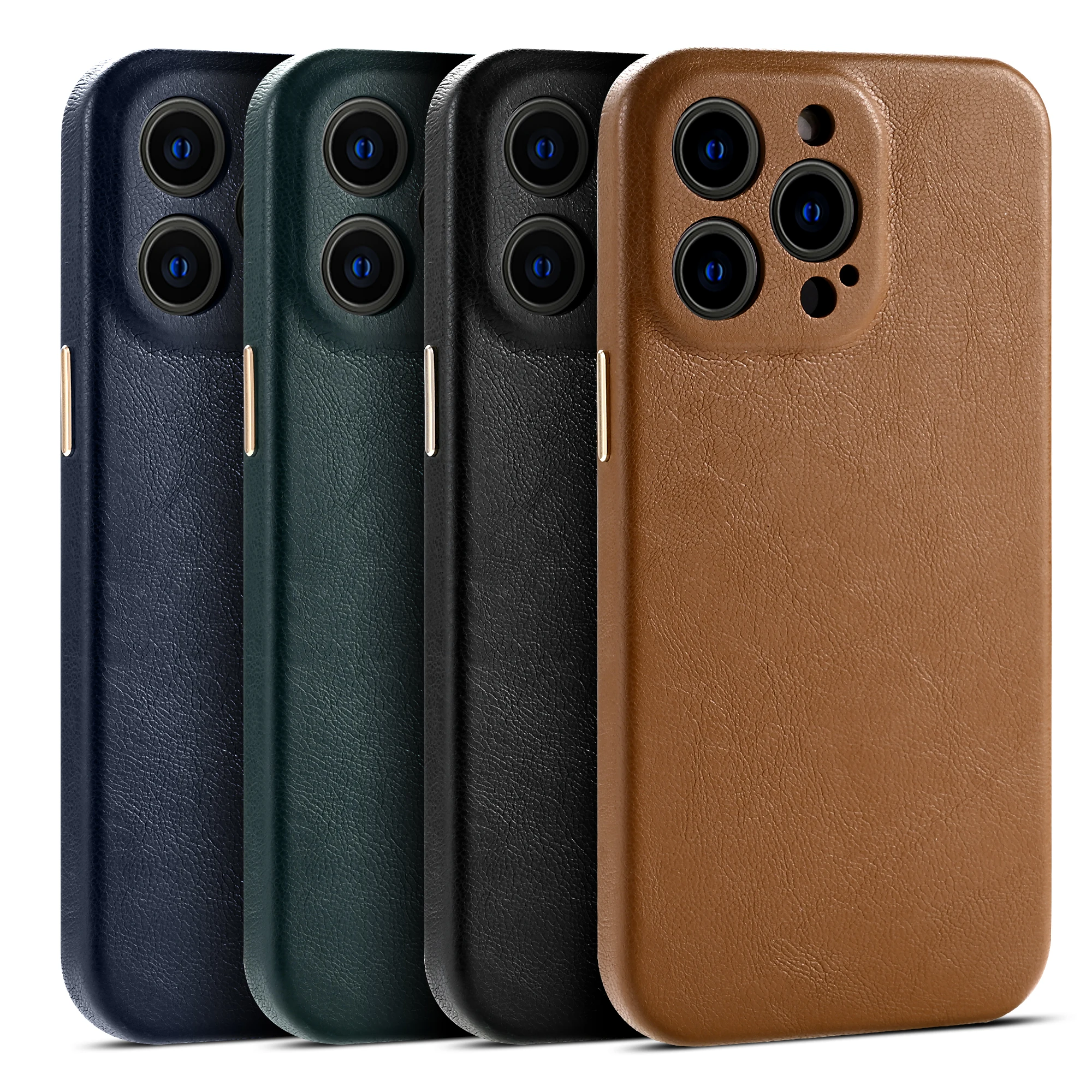 Luxury Sheepskin Grain Genuine Leather Back Case For iPhone 16 15 14 13 Pro Max 13mini Cover Camera Protect