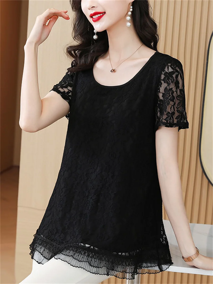 4XL Women Spring Summer Blouses Shirts Lady Fashion Casual Short Sleeve O-Neck Sexy Lace Embroidery Blusas Tops TT2093