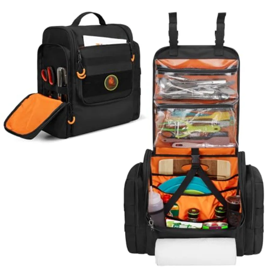 

HODRANT Large Tactical Camping Kitchen Organizer, Hanging Cookware Storage Bag with Paper Towel Holder and Multi Pockets, Porta