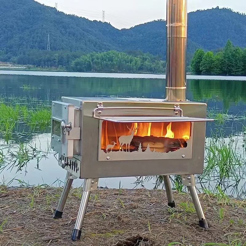 Outdoor Tent Stove Portable Collapsible BBQ Grill Stainless Steel Large Window Visible Camping Multi-purpose Heating Wood Stove