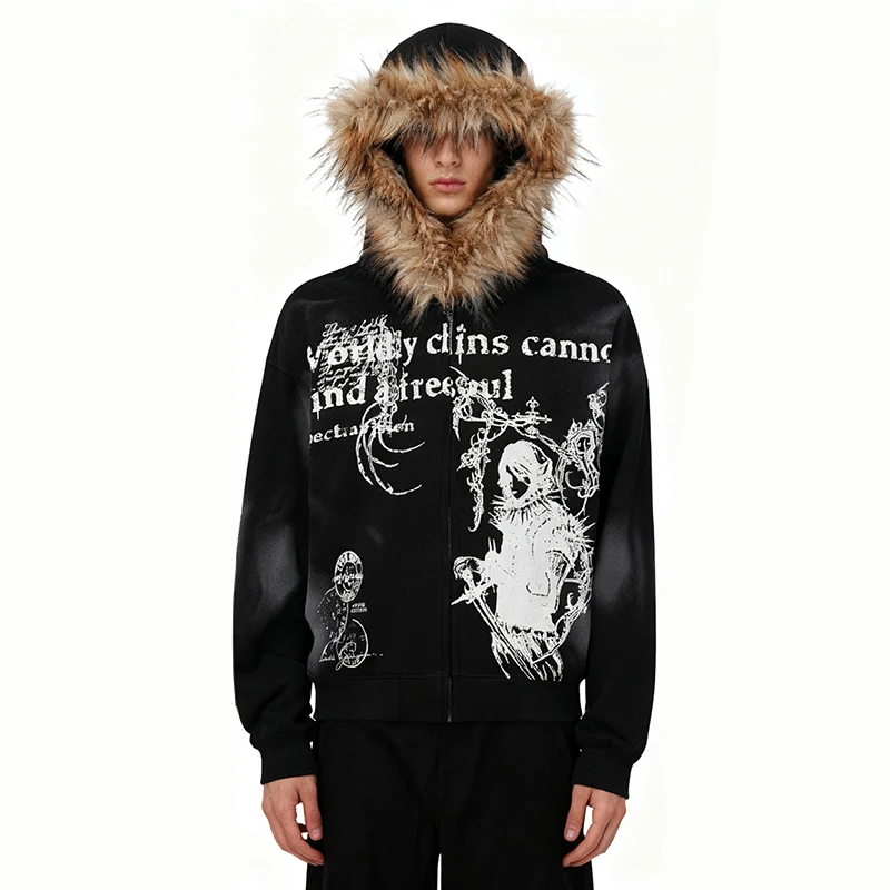 

Men's Autumn Winter American Retro Hip-Hop Street Fur Collar Hooded Cardigan Sweatshirt Loose Cartoon Print Casual Outerwear