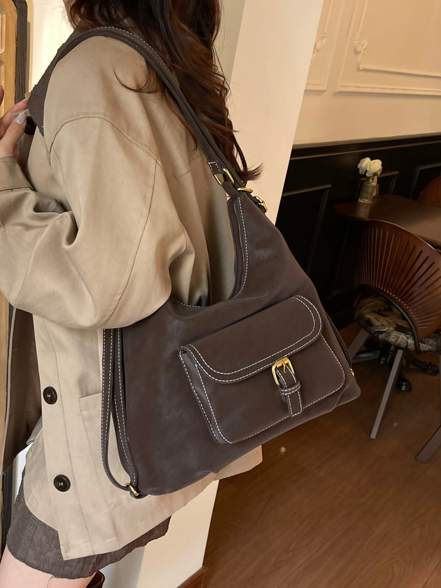 

Корейская ретро большая сумка-тоут Capaci, осенне-зимняя женская многофункциональная сумка на двойное плечо, простая повседневная сумка