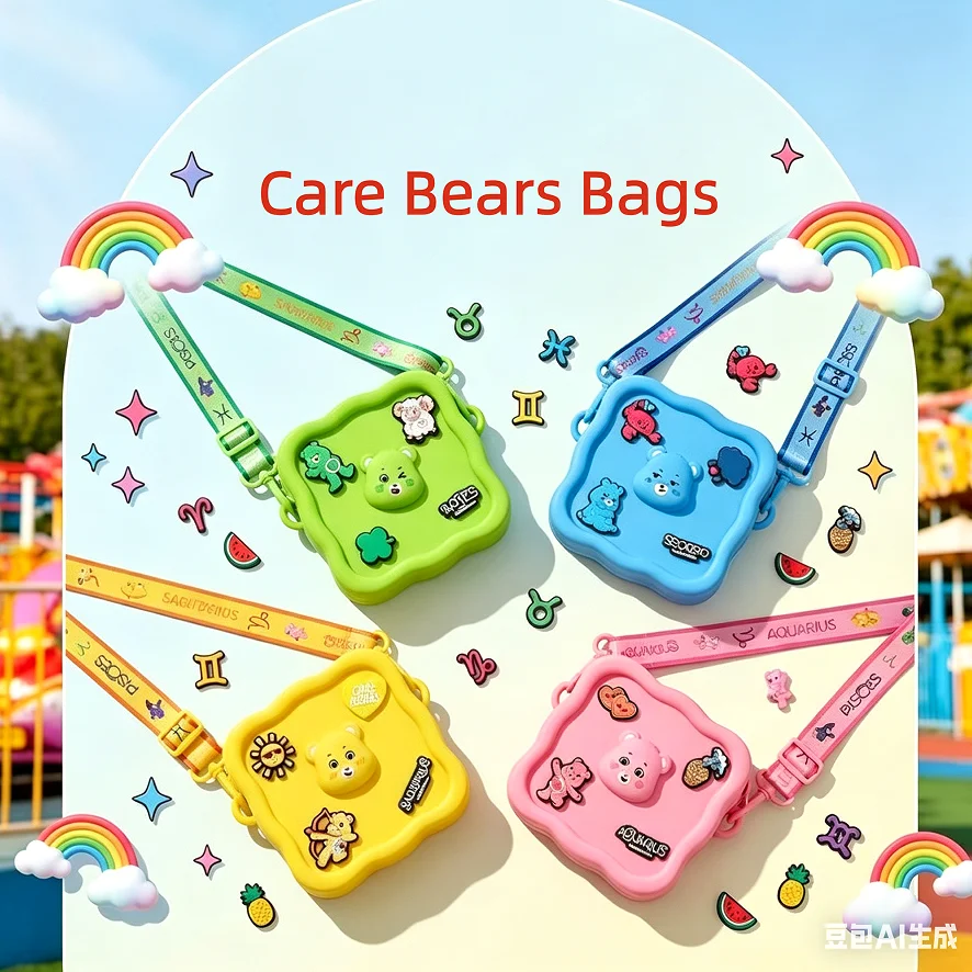 Care Bears Silicone Crossbody Bag 14cm Waterproof Square Shoulder Bag DIY Patch Cartoon Coin Purse for Girls Mini Jelly Bag Gift