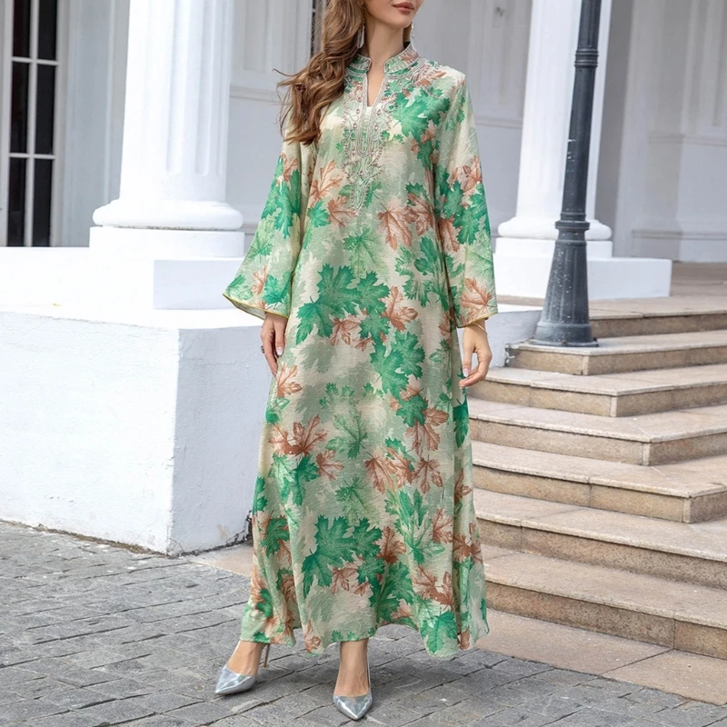 95AB Mulheres Muçulmanos Vestido Oriente Médio Robe Comprimento Total Bordado Muçulmanos Thobe Elegante Vestido Noite Senhora