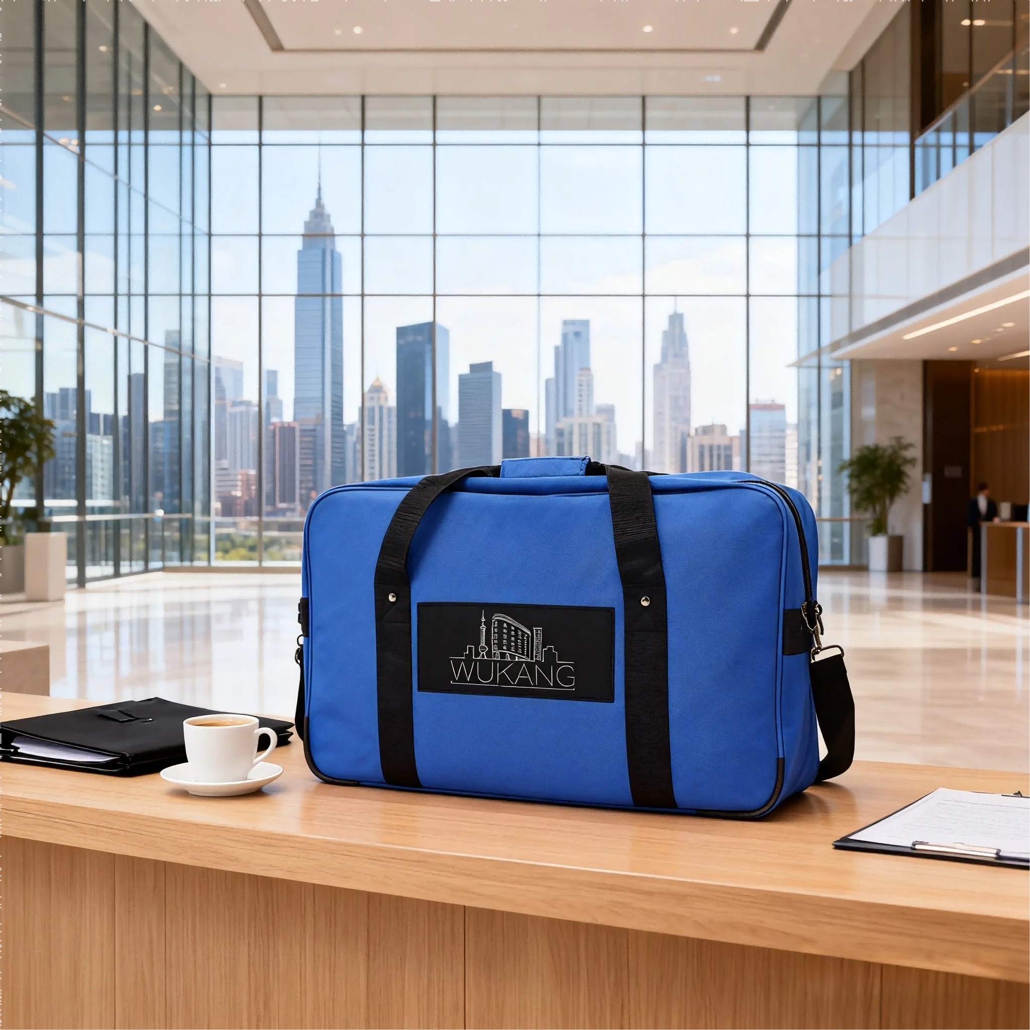 Borsa da viaggio blu con logo Wukang da 1 pezzo, durevole ed elegante, perfetta per le scariche del fine settimana