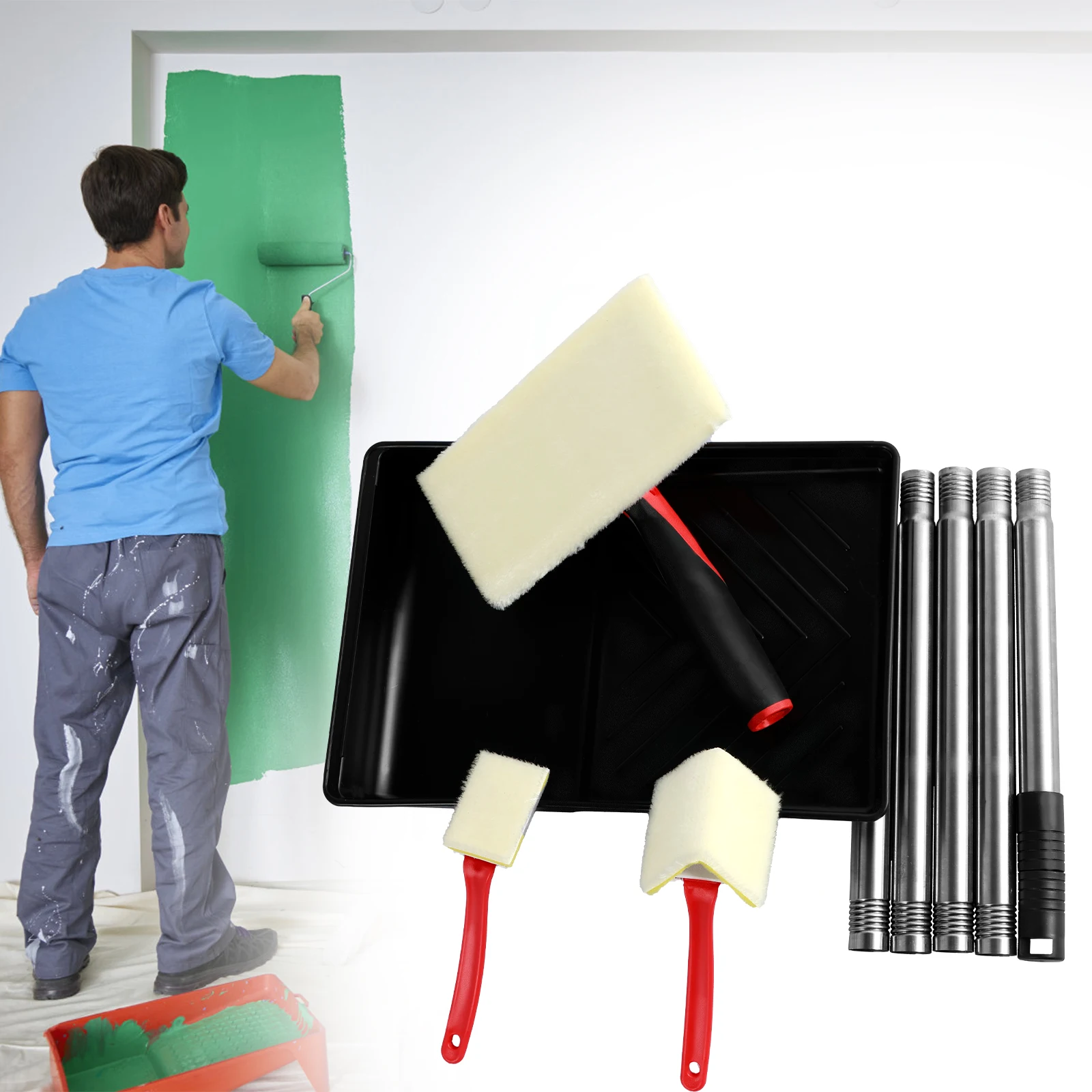 7 Inch Paint Pad Applicator Corner Walls and Ceilings Pad Painter Decorating Paint Pad Kit with Extension Pole and Paint Tray