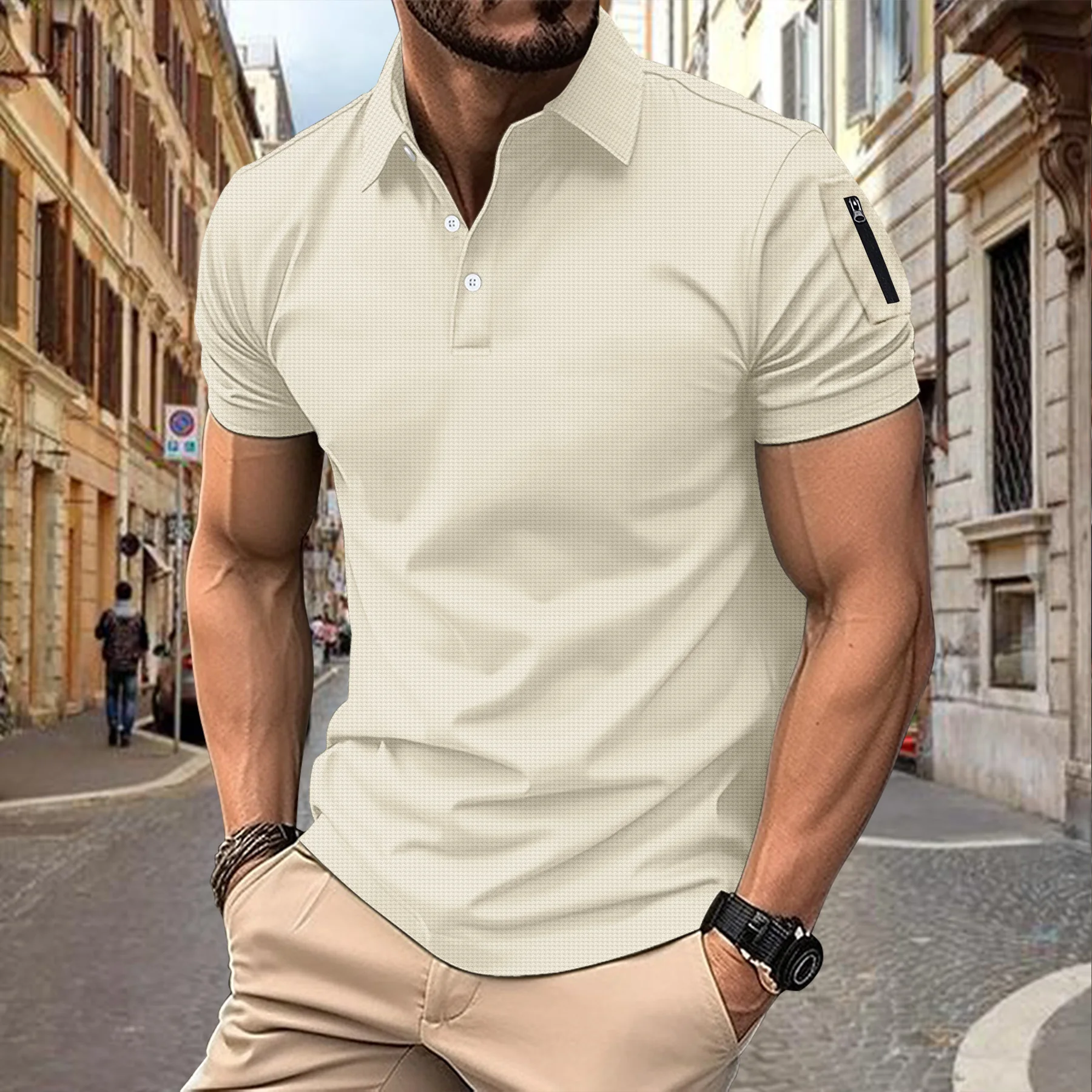 Summer new style fashion casual T-shirt ，Men\'s lapel top trend Comfortable solid color men\'s POLO shirt button arm zip pullover